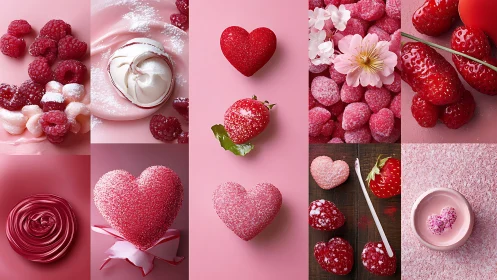 Pink and red heart shaped sweets with berries arrangement.