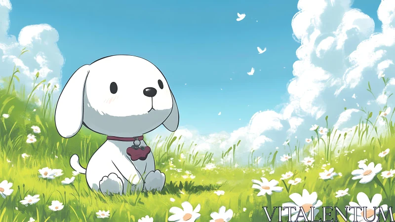 Daydreaming meadow pup under cloud-bright summer skies.