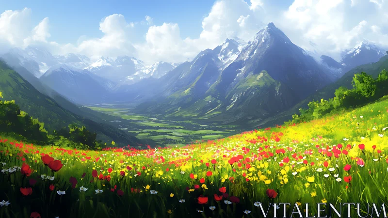 Sunlit wildflower valley opening toward peaceful blue mountains.