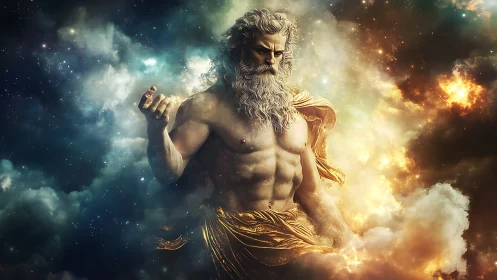 Stormforged elder strides through nebula-lit celestial thunder