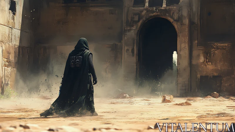 Cloaked wanderer breaching dust-choked gateway of ruins.