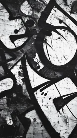 Monochrome graffiti abstraction on distressed brick wall surface.