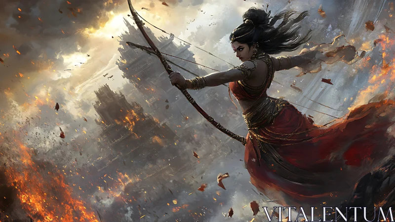 Warrior archer goddess amid burning fortress siege.