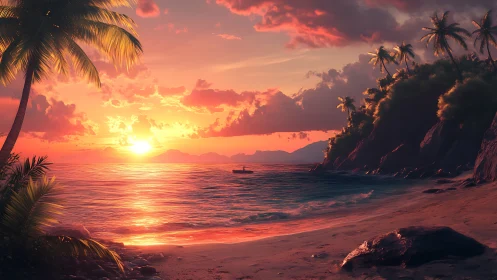 Tropical coastline sunset panorama with warm volumetric lighting