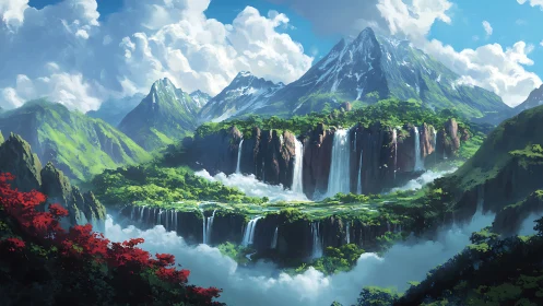 Verdant terraced waterfalls below snow-capped mountain range.