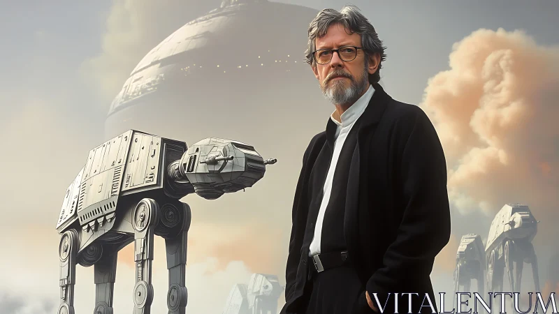 Bearded man stands before sci fi walkers under war sky.