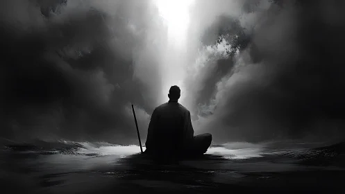 Silent wanderer rests beneath a distant, radiant sky