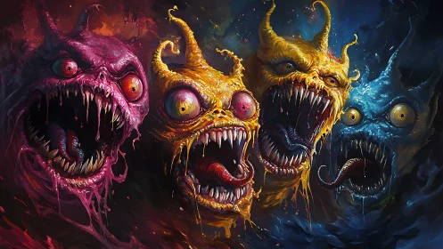 Fierce gooey monsters roar in a wild splash of neon color