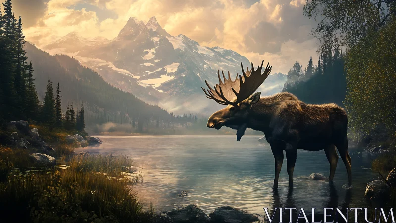 Majestic river moose beneath storm-kissed alpine crowns.