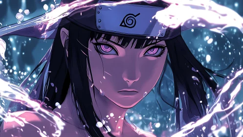 Storm-lit kunoichi with glowing eyes in swirling water.
