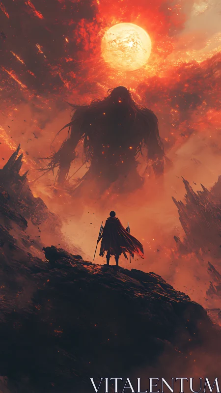 Wanderer in red sky stands before towering fire colossus.