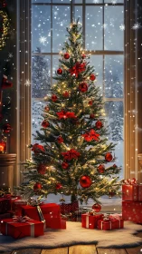 Snowy window Christmas tree glows above red wrapped gifts.