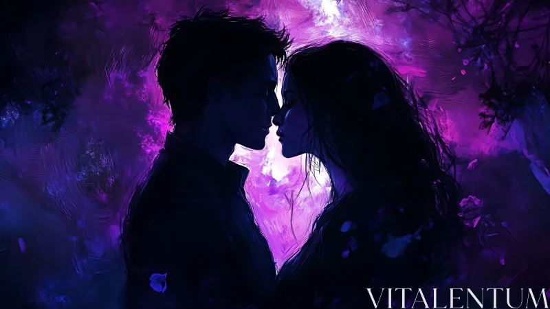 Silhouettes of two figures rendered against neon purple luminescence