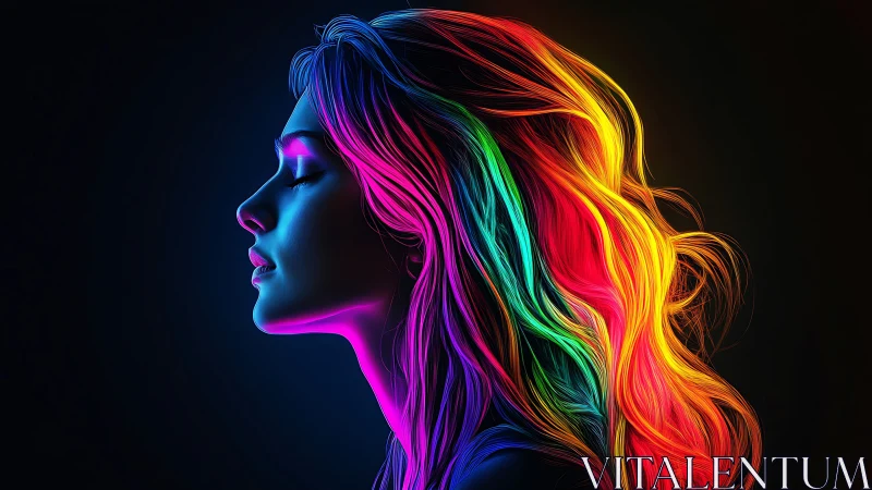 Neon-lit female profile glows with flowing rainbow hair.