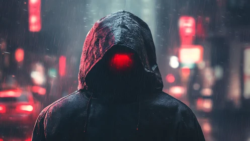 Hooded figure with red glowing face stalks neon city street