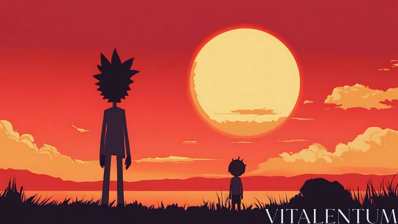 Sunset silhouettes share a quiet sky of molten crimson dreams.