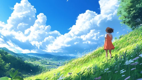 Girl on sunlit hillside overlooking distant rural valley.