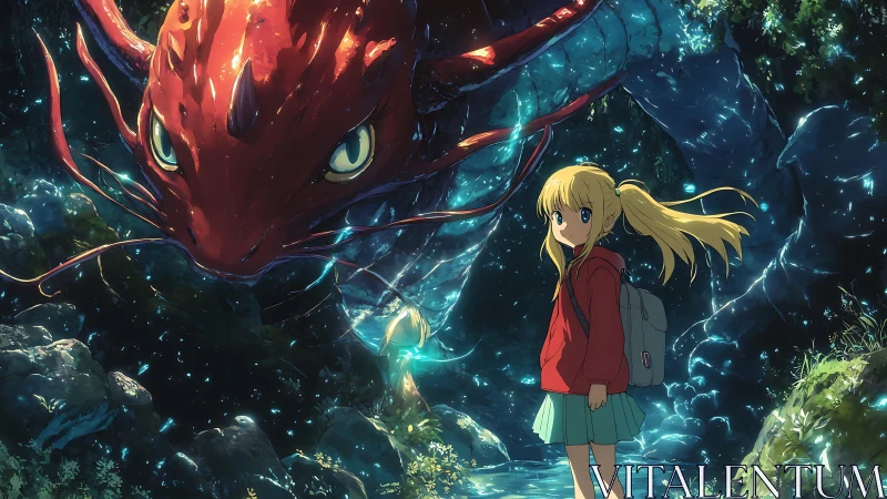 Anime forest encounter with giant glowing river dragon.