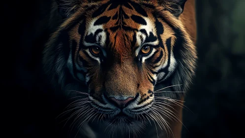 Tiger portrait with intense gaze in dramatic low light.