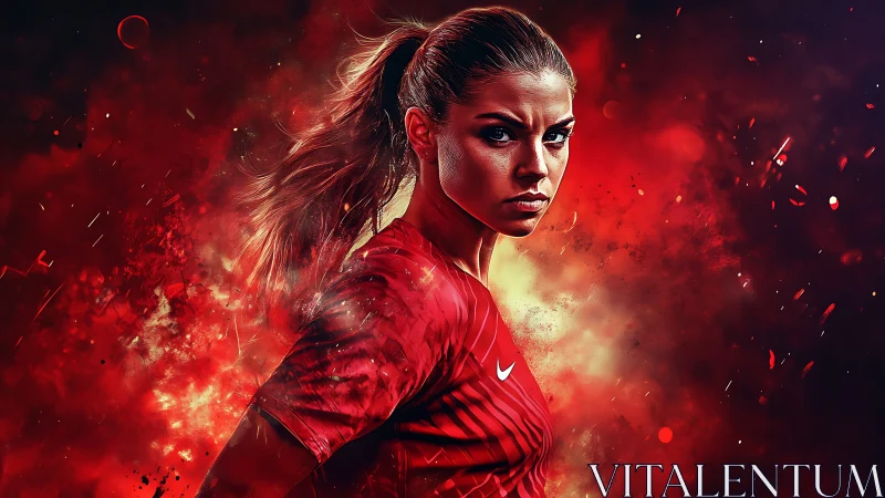 Fierce female footballer stands in blazing red energy storm
