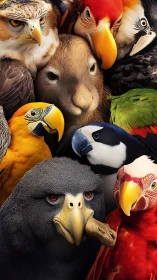 Colorful bird friends gathered around a gentle furry guest.