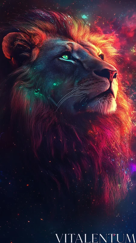 Cosmic lion portrait in neon-spectral digital painting style.