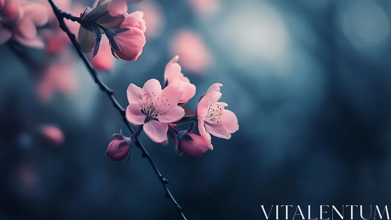 Pink Blossoms on Branch Against Blue Background.