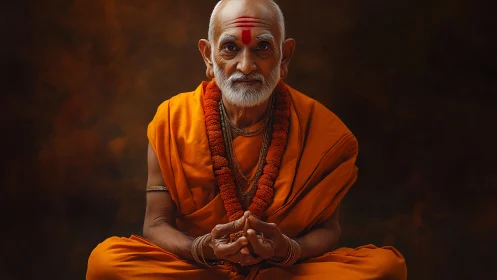 Photoreal portrait of elderly Hindu monk in orange robes.