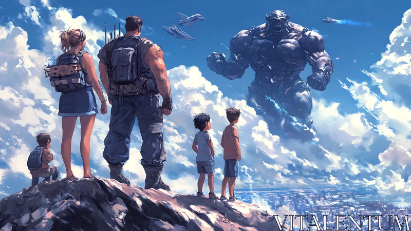 Family stands united as a colossal sky titan approaches.