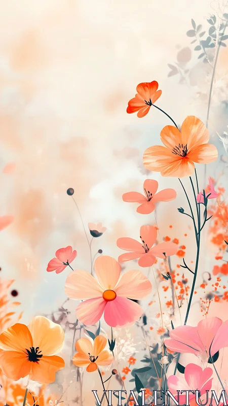 Soft Watercolor Cosmos Garden Blooms in Coral Tones.
