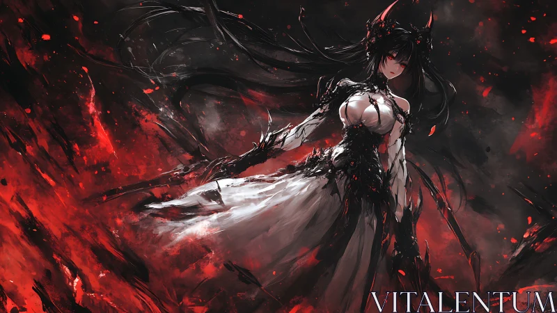 Dark horned anime sorceress emerges amid red infernal vortex