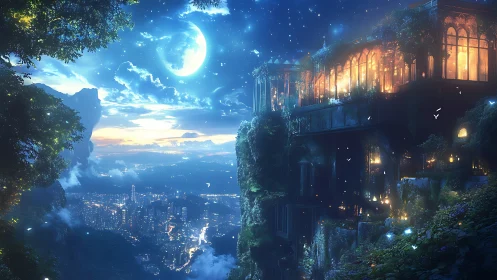 Luminous cliffside sanctuary above moonlit futuristic city.