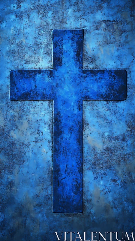 Deep blue cross against textured sky-like backdrop.