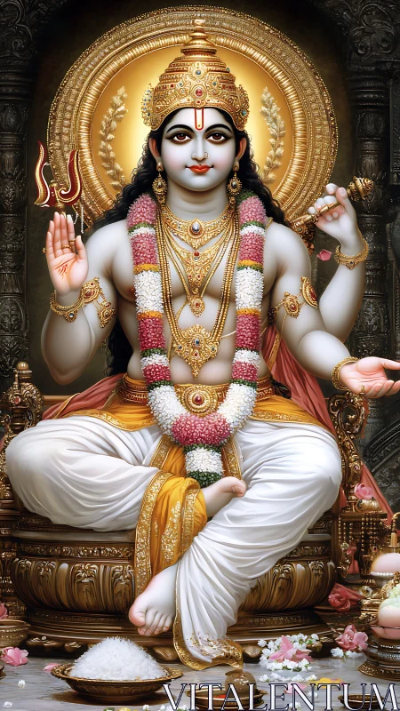 Golden-halo deity seated in opulent lotus-like serenity.