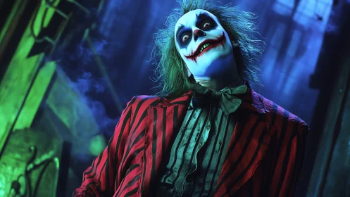 Cinematic clown portrait under teal‑green backlighting and tilt