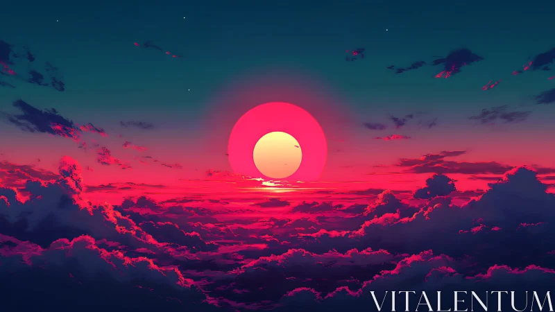 Digital skyline depicts stylised sun over saturated cloud field