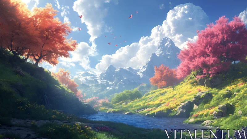 Whispering valley beneath candyfloss trees and crystal peaks.