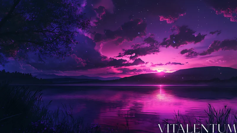 Twilight paints the lake in electric violets and quiet fire