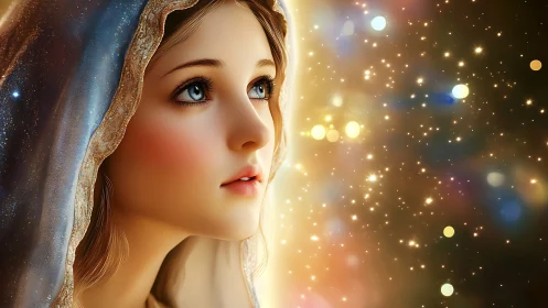 Young woman in hooded cloak gazes toward glowing starfield