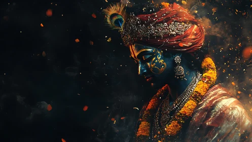 Divine blue deity portrait with ornate garland and jewels.