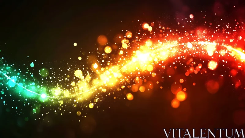 Digital bokeh energy arc across multicolor particle field.