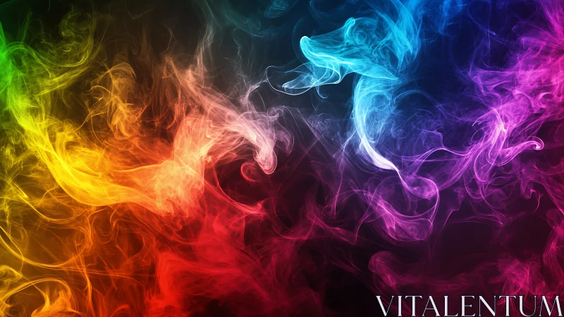 Colorful swirling smoke waves on dark abstract background.