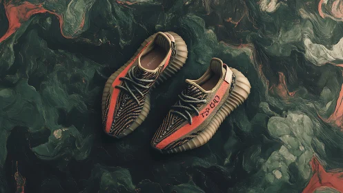 Pair of patterned sneakers on marbled abstract background.