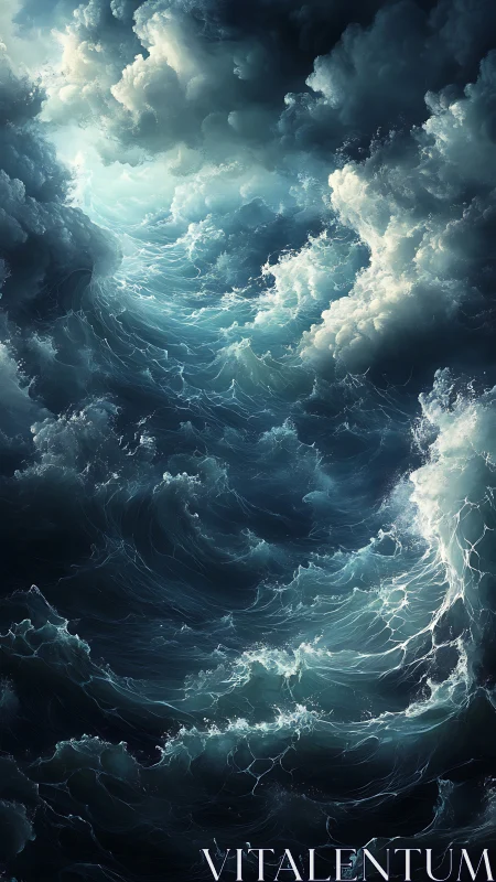 Stormlit ocean waves swirling beneath glowing clouds.