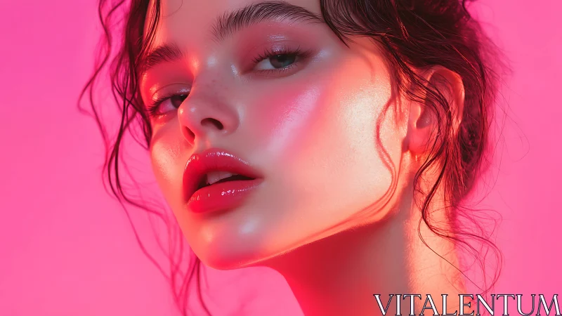 Neon-lit siren gaze bathed in glossy rose light glow.