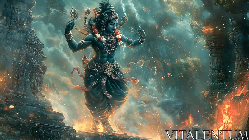 Divine cosmic dancer strides through fire and swirling clouds.