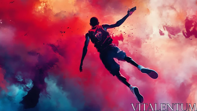 Basketball player soars through vivid cosmic clouds.