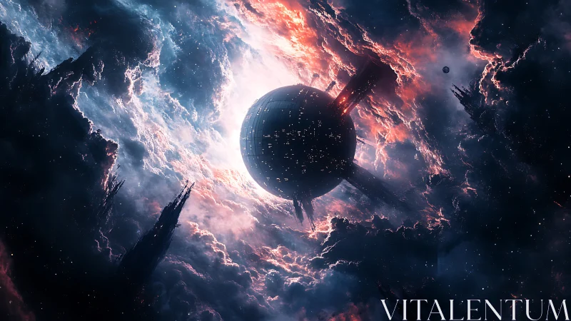 Starlit Dyson sphere drifting through glowing storm clouds.