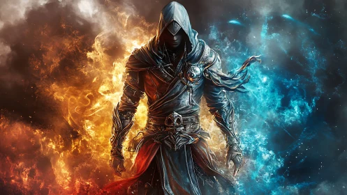 Hooded armored figure stands between opposing fire and ice fields