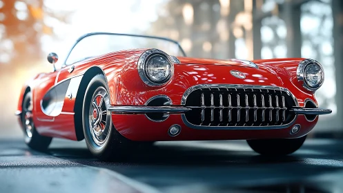 Red classic convertible car in low front perspective view.